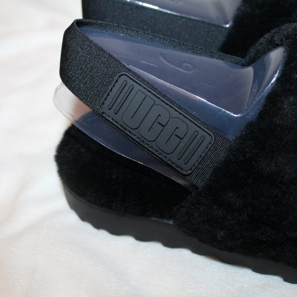 NIB UGG WOMEN'S FLUFF‎ SHEARLING SLIPPER SANDALS BLACK - Picture 3 of 10